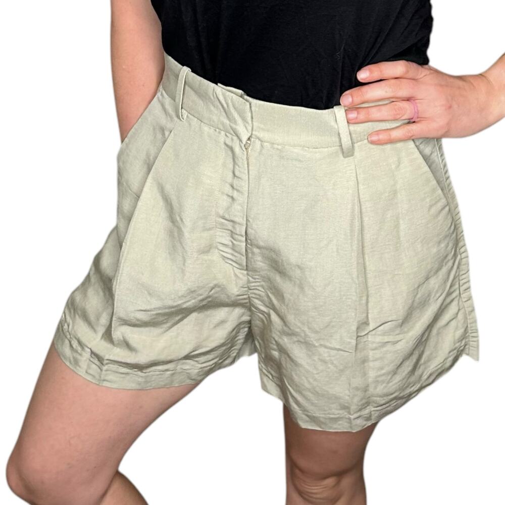 H&M Tan Green Linen Blend Pleated Lightweight Shorts Women's Size 6 NWT Summer